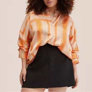 MANGO MNG Satin Print Blouse Tunic Orange Oversized Long Sleeve Imported Size‎ 6